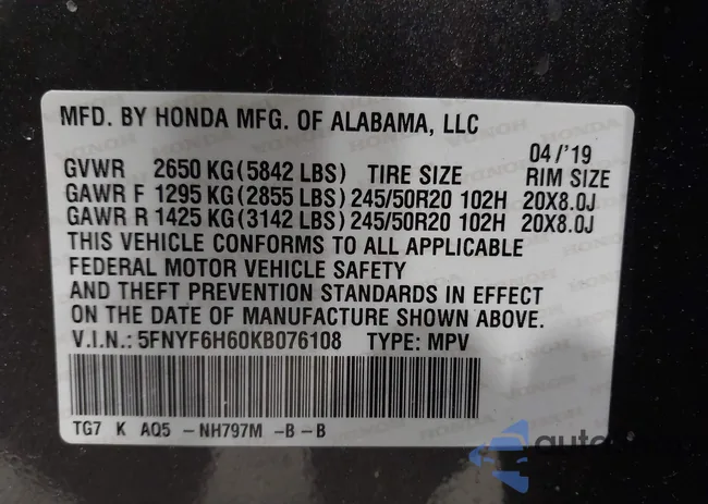 5FNYF6H60KB076108: 44632124