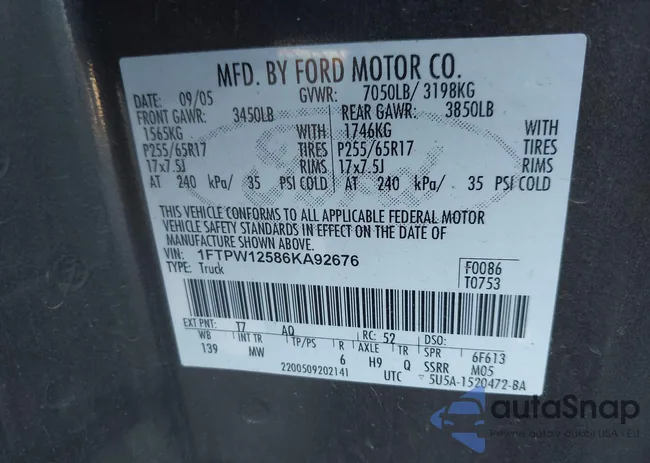 1FTPW12586KA92676: 44659747