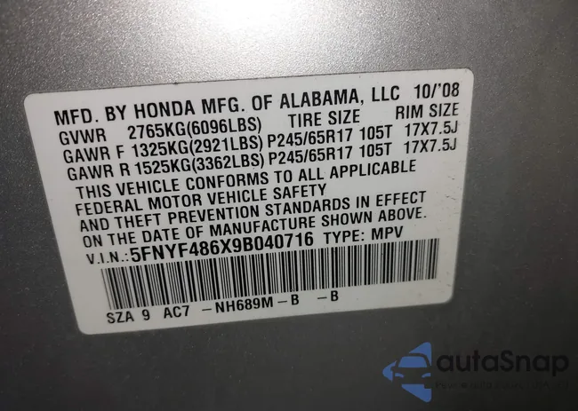 5FNYF486X9B040716: 44670255