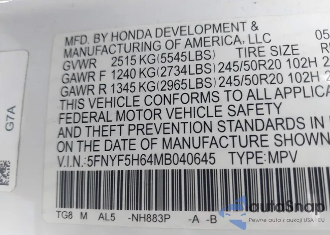 5FNYF5H64MB040645: 44679685