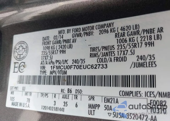 1FMCU0F70EUC62733: 12409901