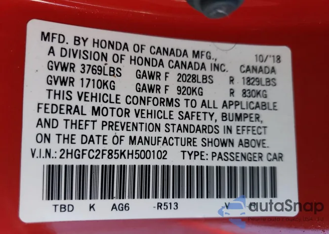 2HGFC2F85KH500102: 41371015