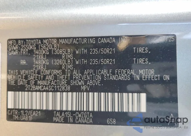 2T2BAMCA4SC112838: 74212765