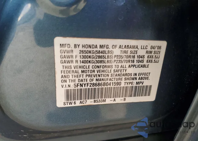 5FNYF28686B041590: 74347615