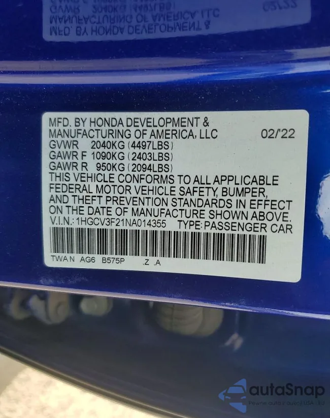 1HGCV3F21NA014355: 75240145