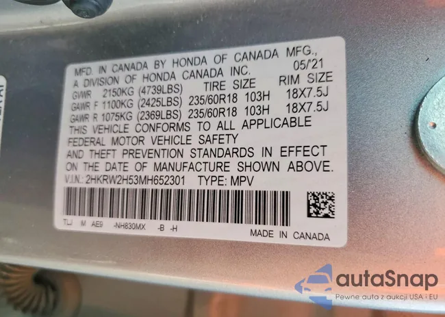 2HKRW2H53MH652301: 99294965