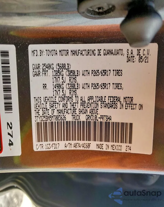 3TYDZ5BN5MT003626: 72427265