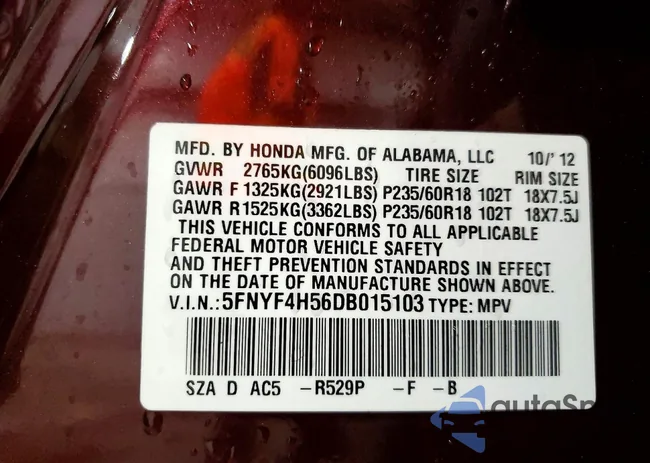 5FNYF4H56DB015103: 99507725