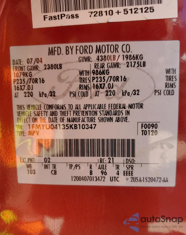 1FMYU04135KB10347: 50708075