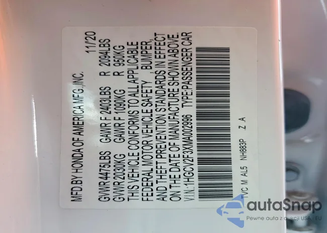 1HGCV2F3XMA002996: 78803525