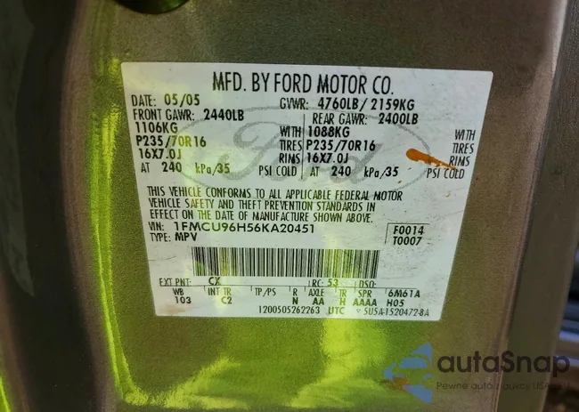 1FMCU96H56KA20451: 76392215