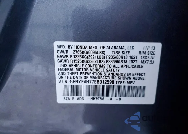 5FNYF4H77EB012598: 75285575