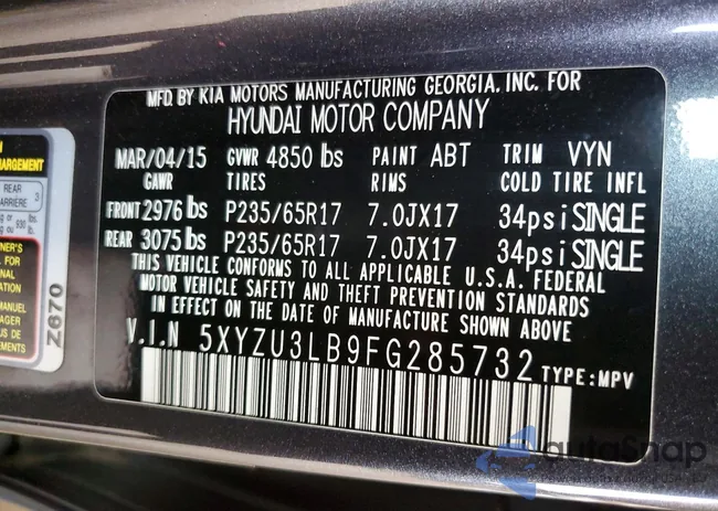 5XYZU3LB9FG285732: 76901085