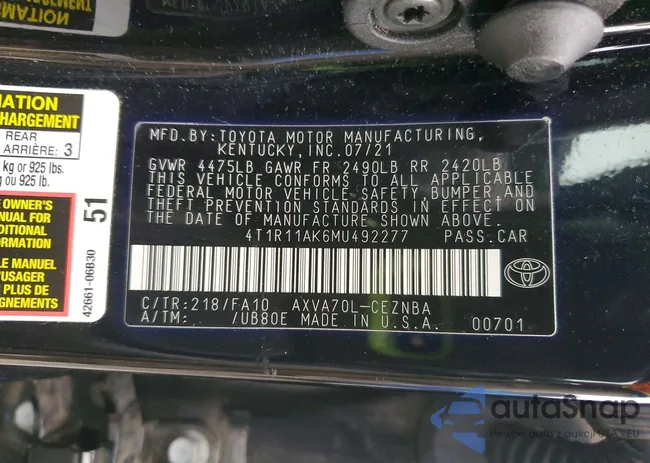 4T1R11AK6MU492277: 75664815