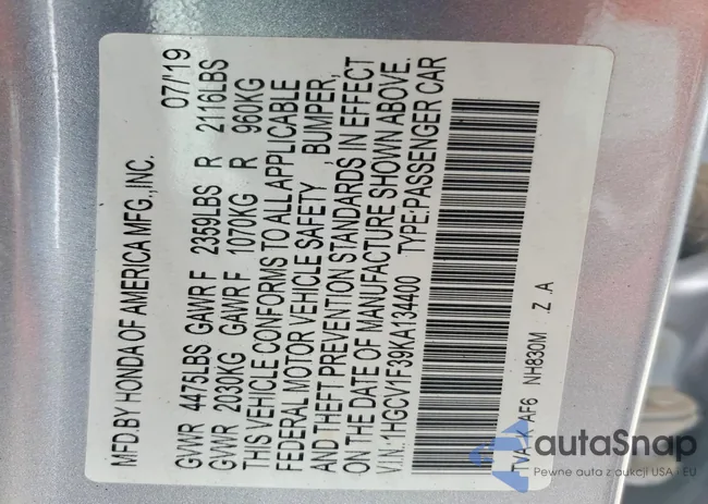 1HGCV1F39KA134400: 76600435