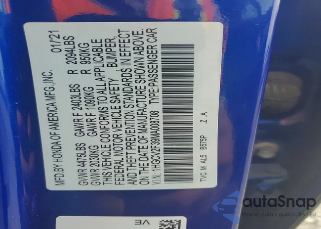 1HGCV2F39MA008708: 77106175