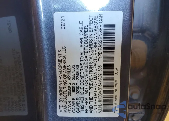 1HGCV3F54MA021695: 76462015