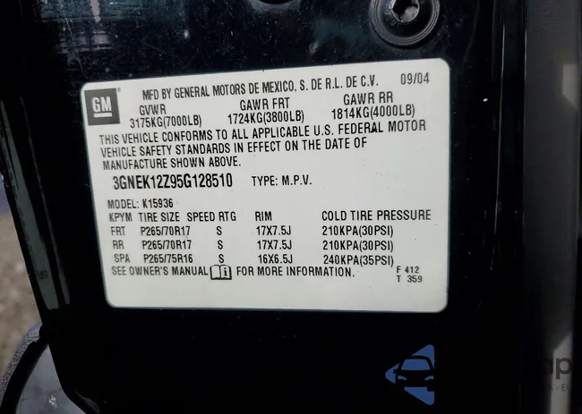 3GNEK12Z95G128510: 77096645