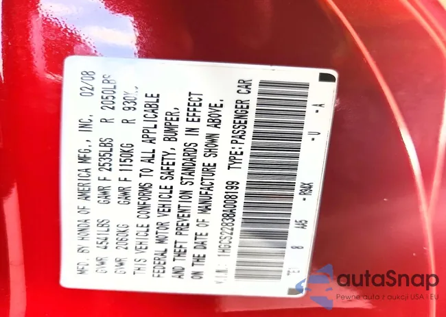 1HGCS22838A008199: 78211325