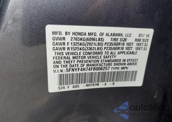 5FNYF4H74FB006257: 78293465