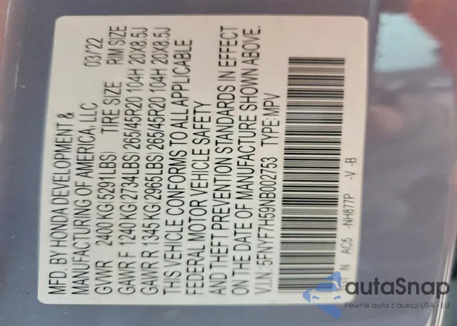 5FNYF7H59NB002753: 77778545