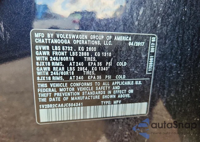 1V2BR2CA6JC504341: 76640505