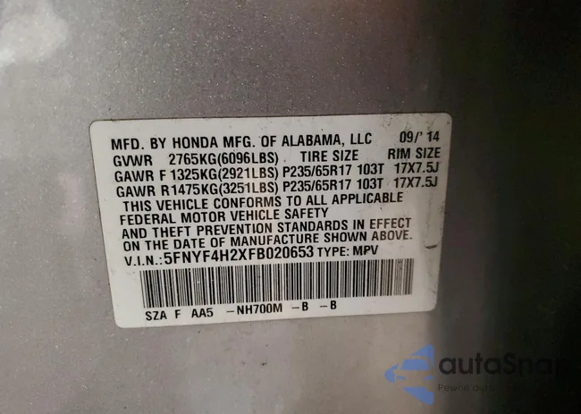 5FNYF4H2XFB020653: 76370925