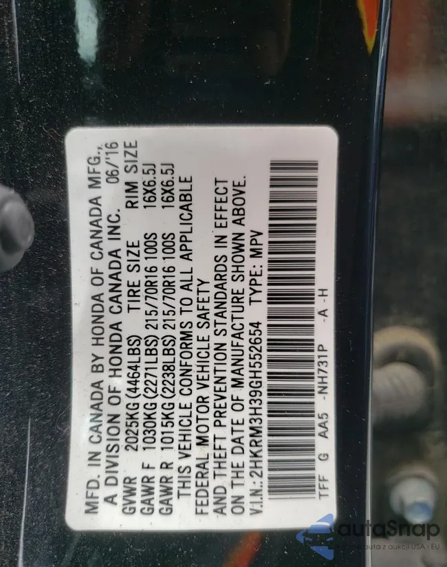 2HKRM3H39GH552654: 58697655