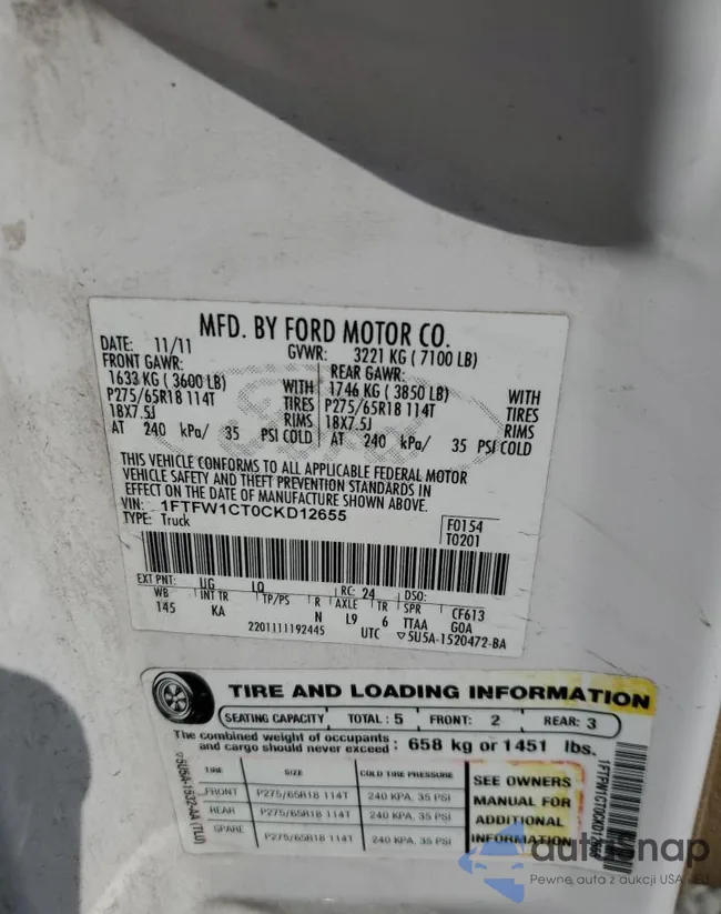 1FTFW1CT0CKD12655: 62703305