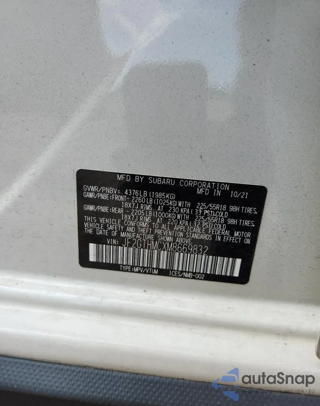 JF2GTHMCXM8669832: 62362735