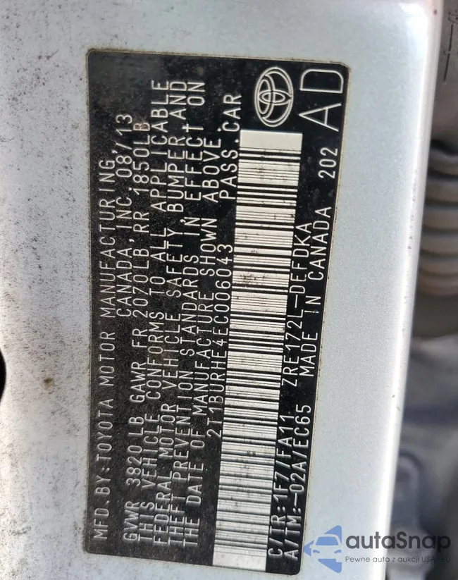 2T1BURHE4EC006043: 62456325