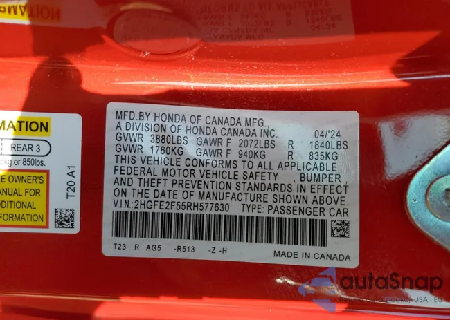 2HGFE2F55RH577630: 60510145