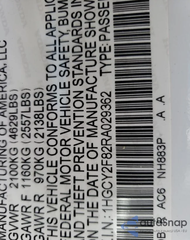 1HGCY2F82RA029362: 65836625