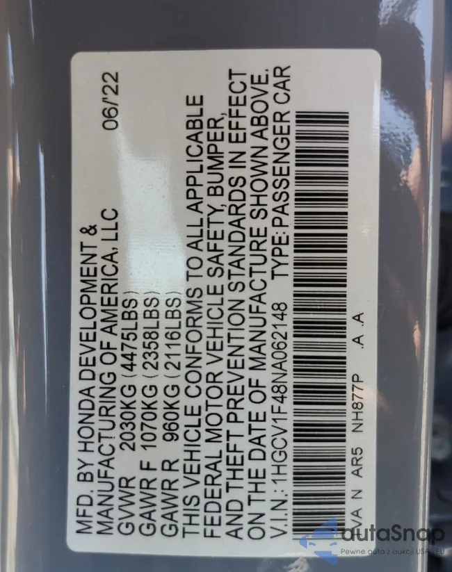 1HGCV1F48NA062148: 64192015