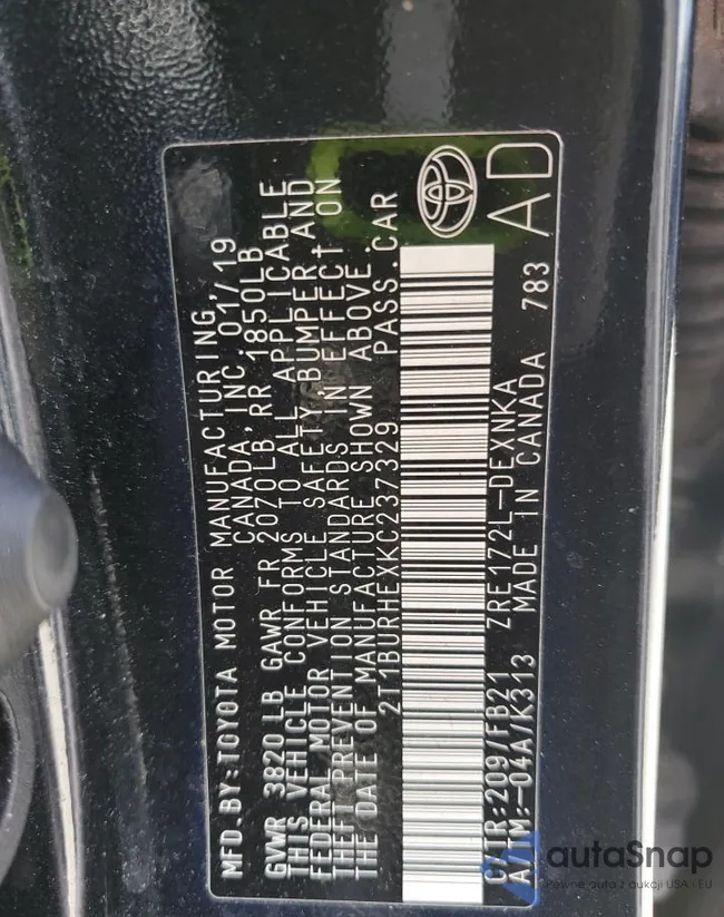 2T1BURHEXKC237329: 62900785