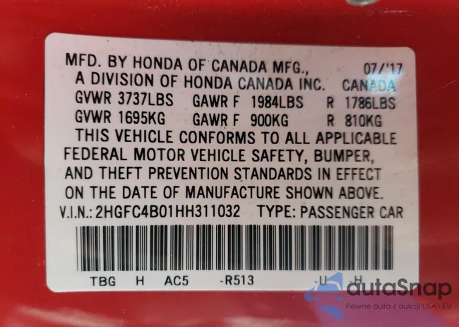 2HGFC4B01HH311032: 64721514