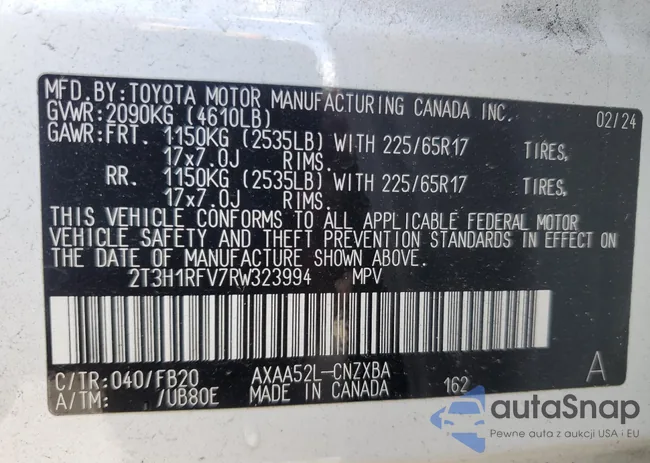 2T3H1RFV7RW323994: 68652765