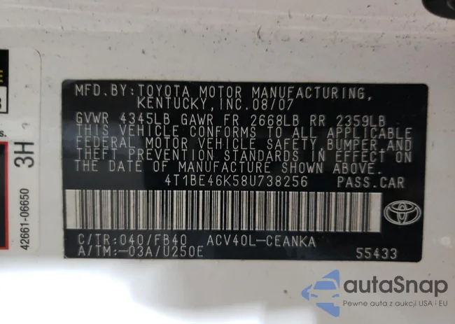 4T1BE46K58U738256: 68907095