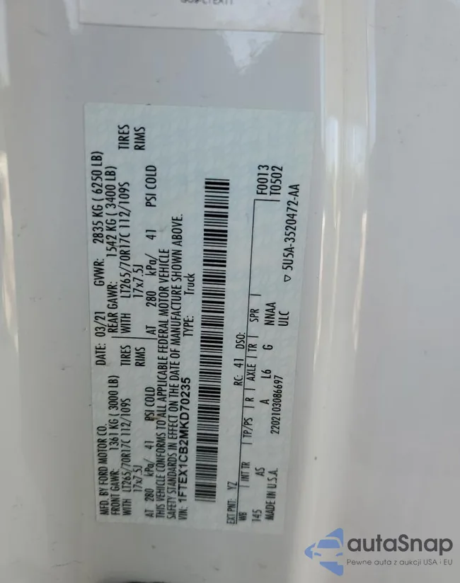 1FTEX1CB2MKD70235: 91901485