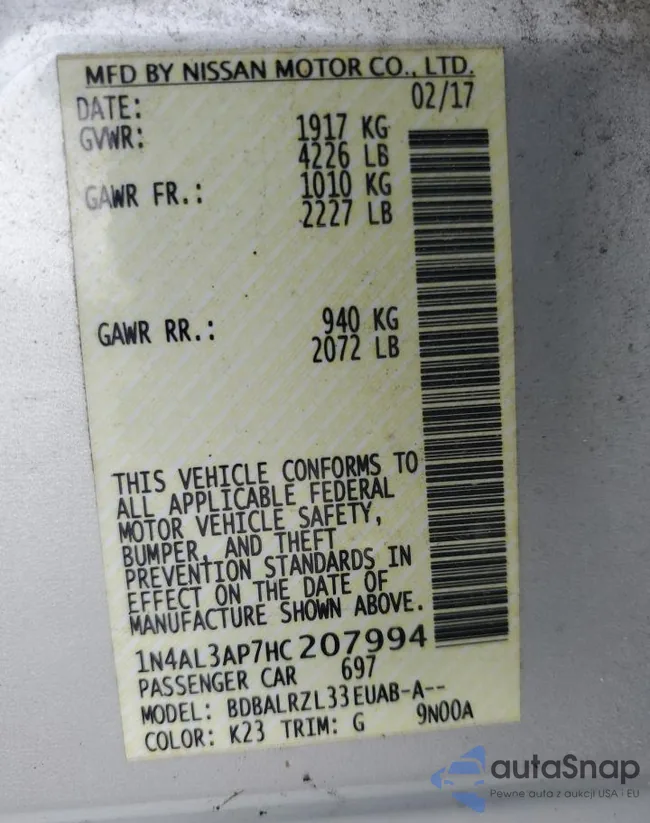 1N4AL3AP7HC207994: 70001085