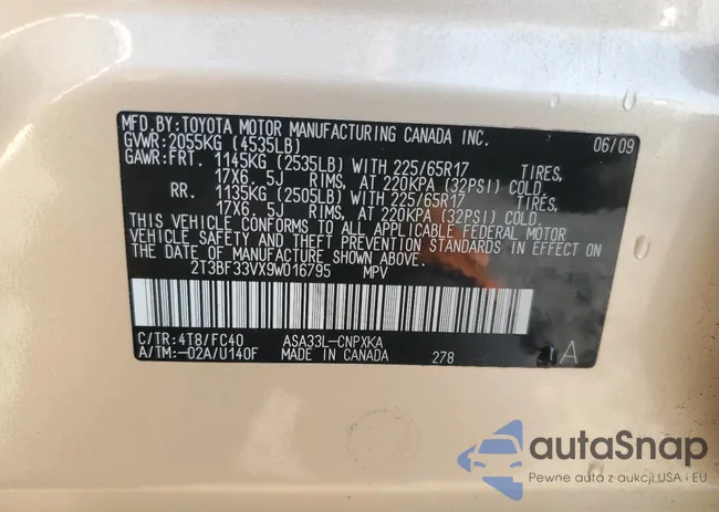 2T3BF33VX9W016795: 68276775