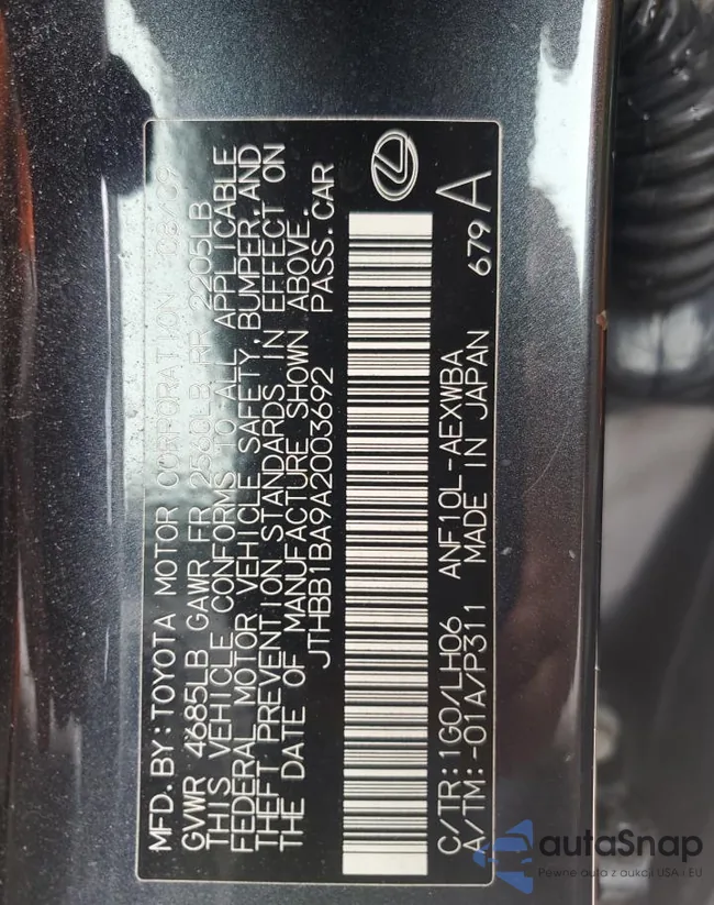 JTHBB1BA9A2003692: 68869855