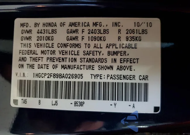 1HGCP2F89BA026905: 81444325