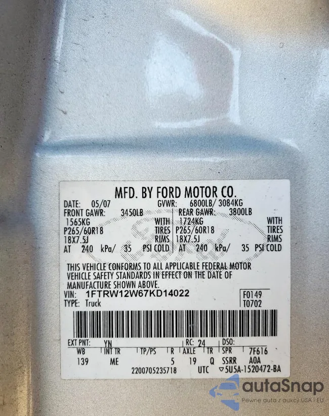 1FTRW12W67KD14022: 84374235