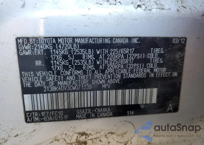 2T3BK4DV3CW071239: 85477165