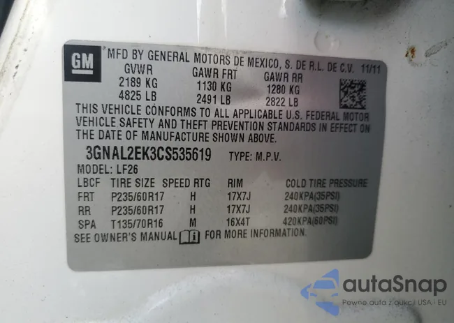 3GNAL2EK3CS535619: 85341325