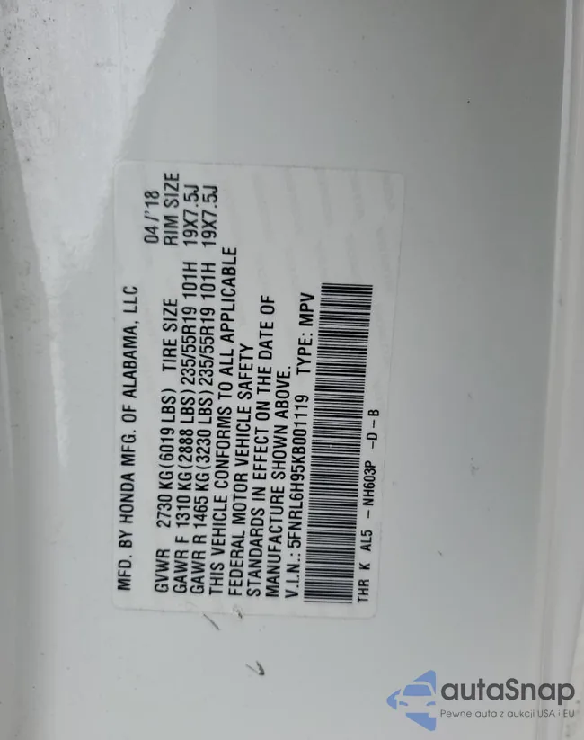 5FNRL6H95KB001119: 86618075