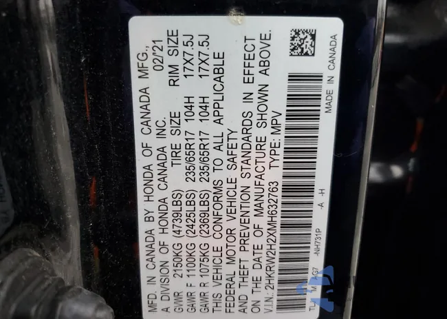 2HKRW2H2XMH632763: 82714805