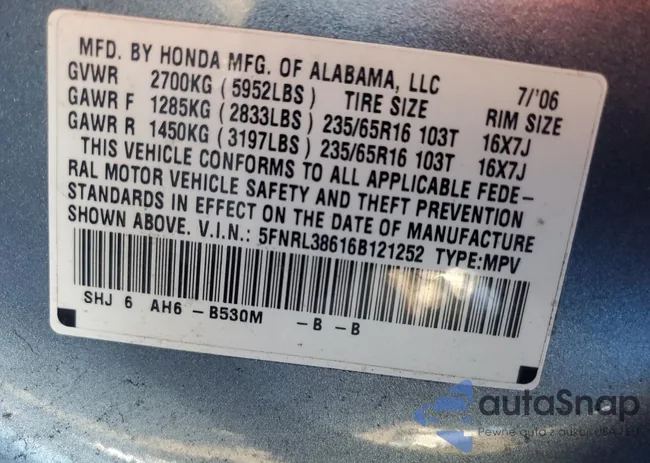 5FNRL38616B121252: 89814125