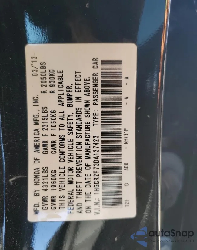 1HGCR2F73DA137423: 85401875